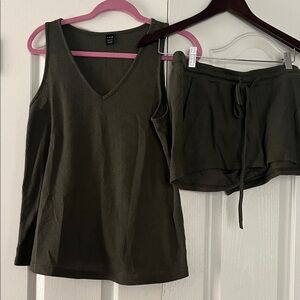 Maternity Two-Piece Olive Green Ribbed Tank & Drawstring Shorts Set